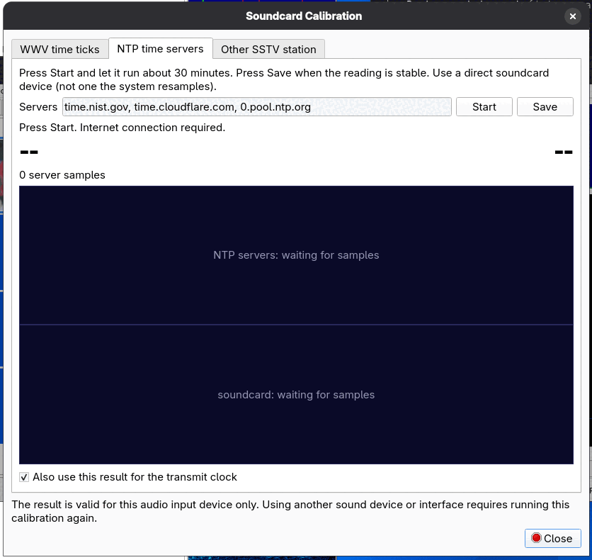 The Soundcard Calibration dialog on the NTP time servers tab with the server list and Start and Save buttons