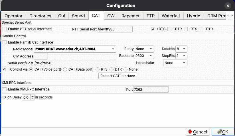 The CAT configuration page with PTT serial port, Hamlib control, XMLRPC interface and TX on delay