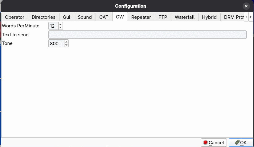 The CW configuration page with words per minute, text to send and tone