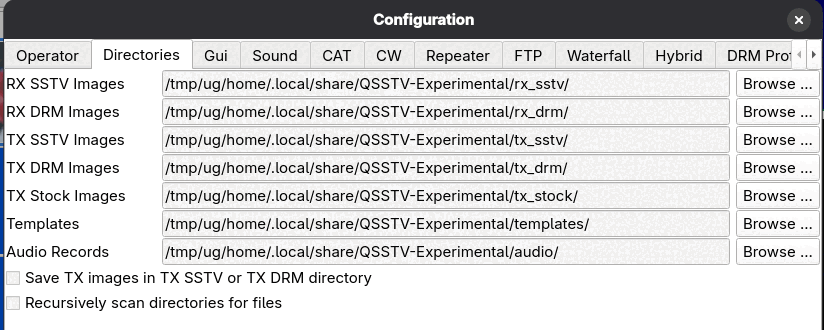 The Directories configuration page listing RX and TX image directories, templates and audio records