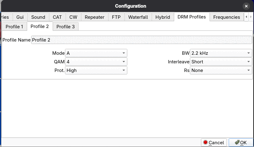 The DRM configuration page showing Profile 2 with name, mode, bandwidth, QAM, interleave, protection and Reed-Solomon