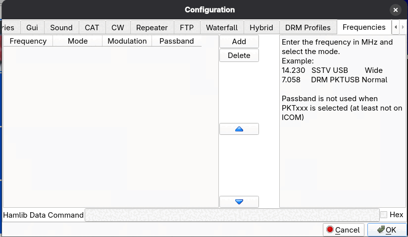 The Frequencies configuration page with a table of frequency, mode, modulation and passband, Add and Delete buttons