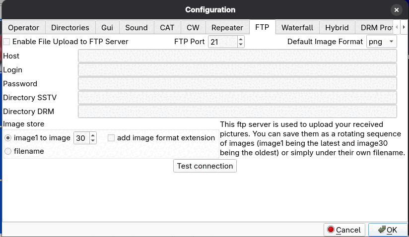 The FTP configuration page with enable checkbox, host, login, password, remote directories and image store options