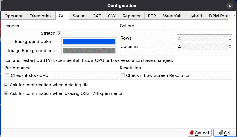 The Gui configuration page with colour buttons, gallery rows and columns, performance and confirmation options