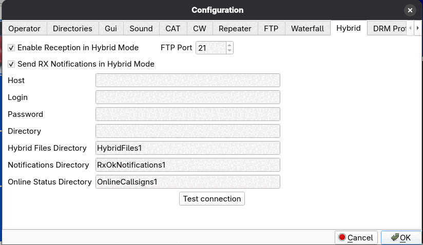 The Hybrid configuration page with enable reception, notification options, server login and directory names