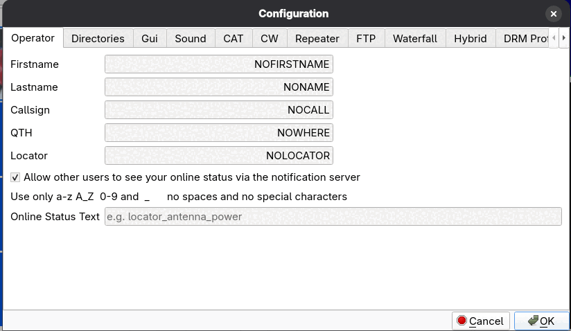 The Operator configuration page with placeholder name, callsign, QTH and locator fields