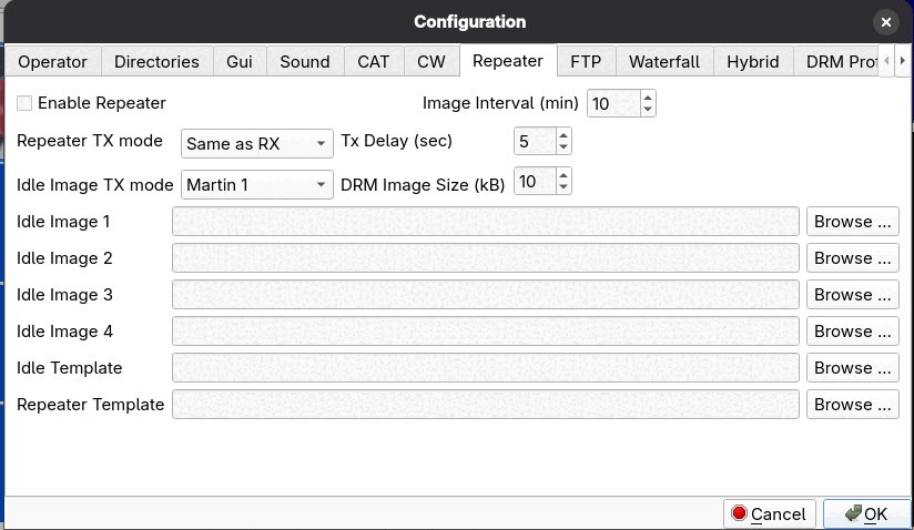The Repeater configuration page with enable checkbox, image interval, TX modes, idle images and templates