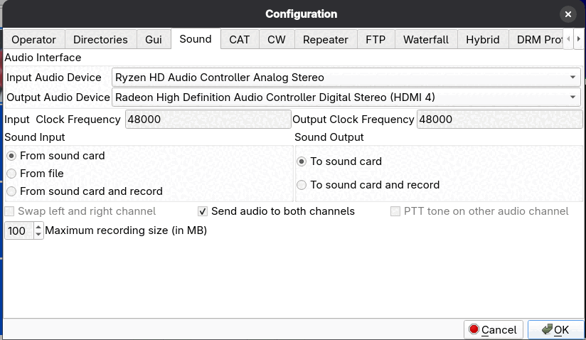 The Sound configuration page with input and output device choices, clock frequencies, input and output options