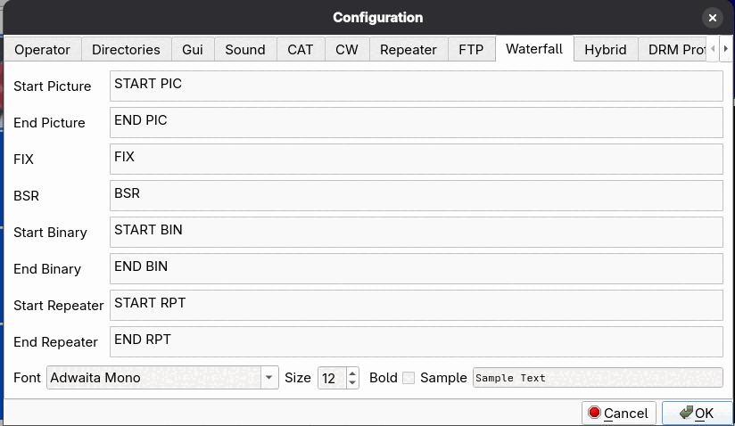 The Waterfall configuration page with start and end texts, font, size and bold options