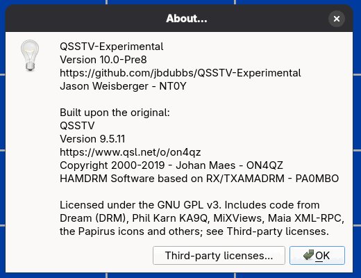The About dialog with version, project URL, credits for NT0Y, ON4QZ and PA0MBO, and licence text