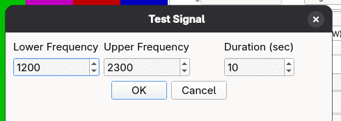 The Test Signal dialog for a sweep, with Lower Frequency 1200, Upper Frequency 2300, Duration 10 sec