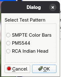 The Select Test Pattern dialog listing SMPTE Color Bars, PM5544 and RCA Indian Head