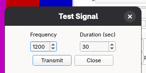 The Test Signal dialog with Frequency 1200, Duration 30 sec, and Transmit and Close buttons