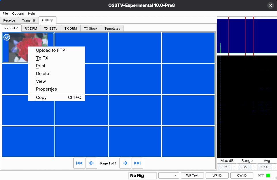 The gallery context menu with Upload to FTP, To TX, Print, Delete, View, Properties and Copy