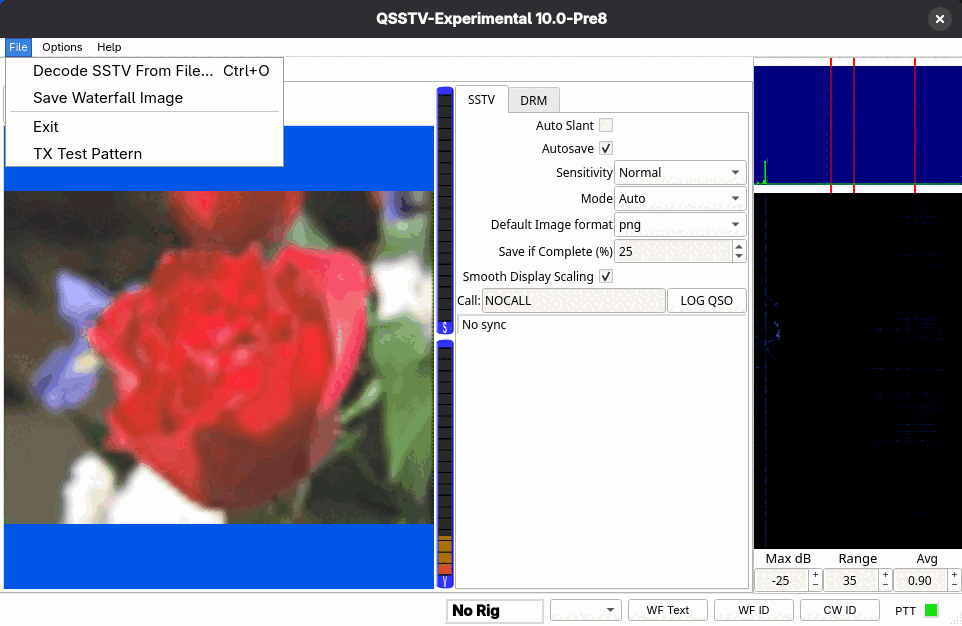 The File menu open, showing Decode SSTV From File, Save Waterfall Image, Exit and TX Test Pattern