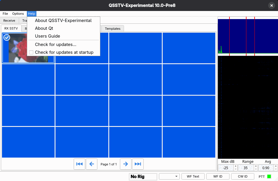 The Help menu open, showing About, About Qt, Users Guide, Check for updates and Check for updates at startup