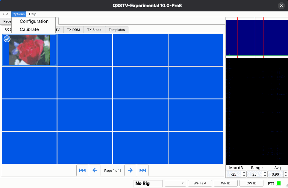 The Options menu open, showing Configuration and Calibrate