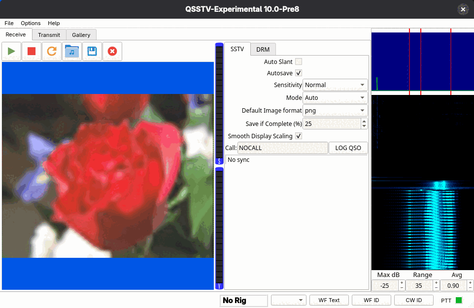 The Receive tab showing a received picture and the SSTV settings