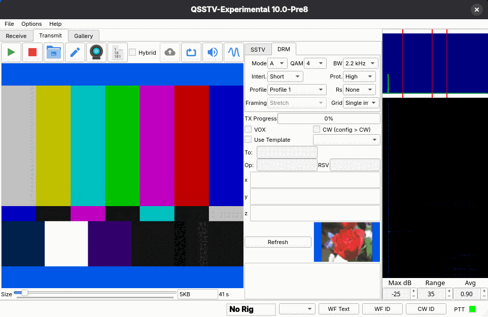 The Transmit tab with the DRM settings: mode, QAM, bandwidth, interleave, protection, profile and Reed-Solomon
