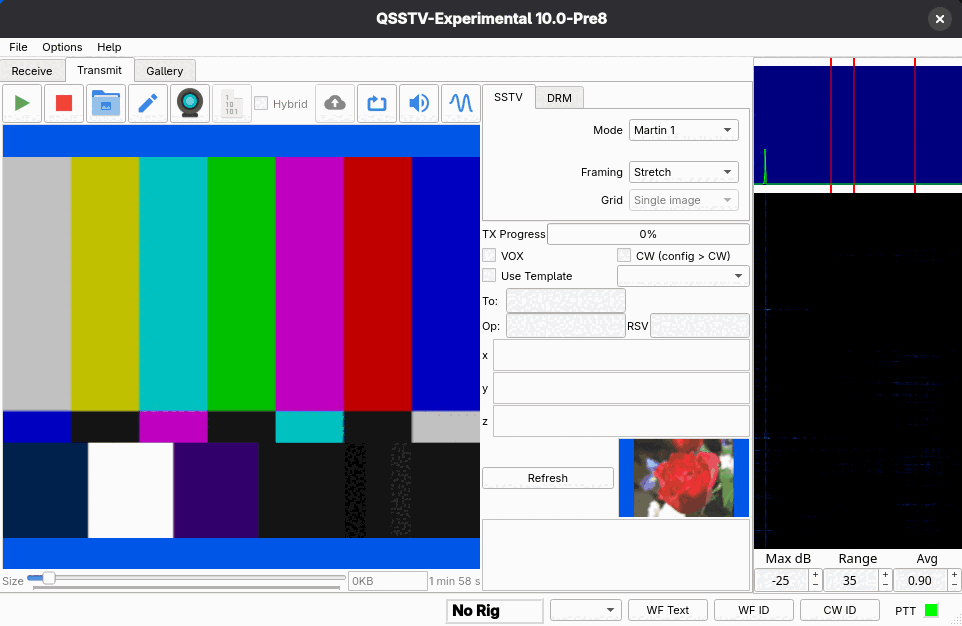 The Transmit tab with the SMPTE color bar test pattern loaded, SSTV mode Martin 1, framing and grid controls